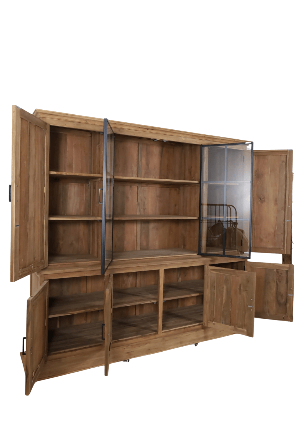 Teakhouten landelijke vitrinekast met metalen stal deuren smooth 240x57x218 cm