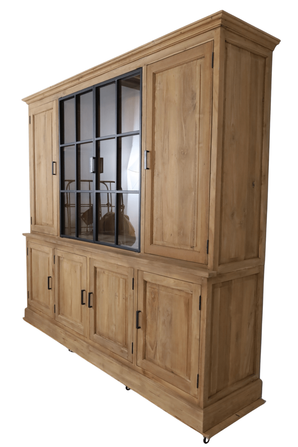 Teakhouten landelijke vitrinekast met metalen stal deuren smooth 240x57x218 cm