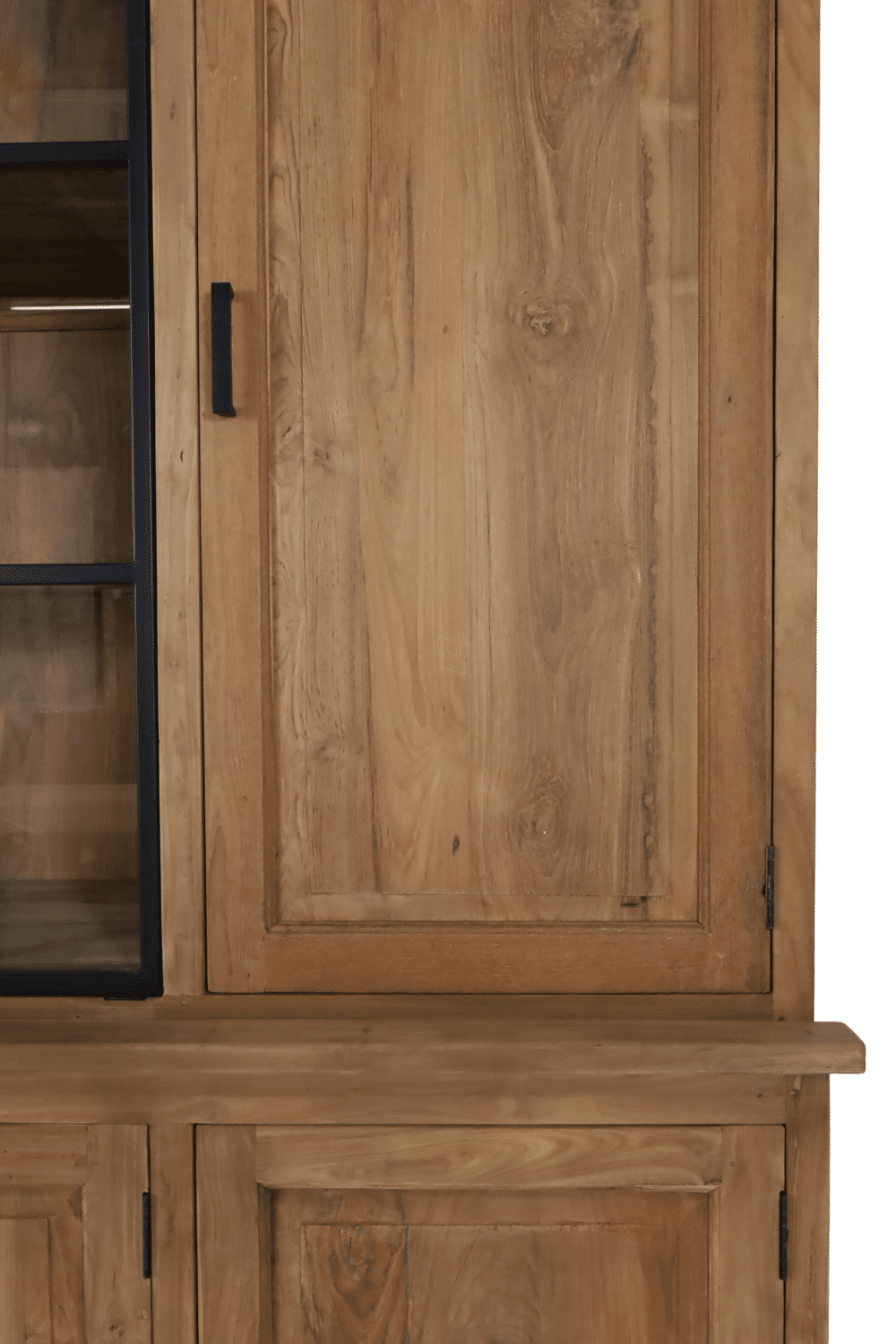 Teakhouten landelijke vitrinekast met metalen stal deuren smooth 240x57x218 cm