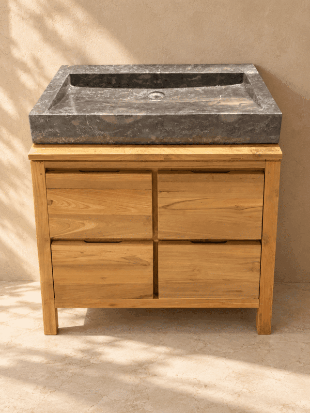 teak houten badkamermeubel met 4 lade Gl 80 cm 1 Minimalistische teakhouten badkamermeubel met stenen wastafel