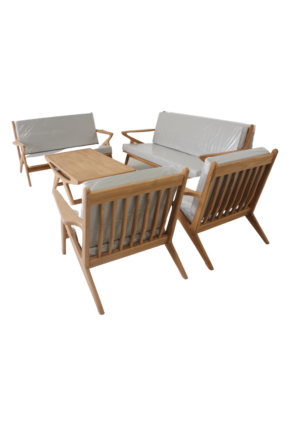 Teak houten tuinset inclusief kussens. 1 3 zit lounge bank, 2 zit lounge bank, 2 fauteuils en salontafel