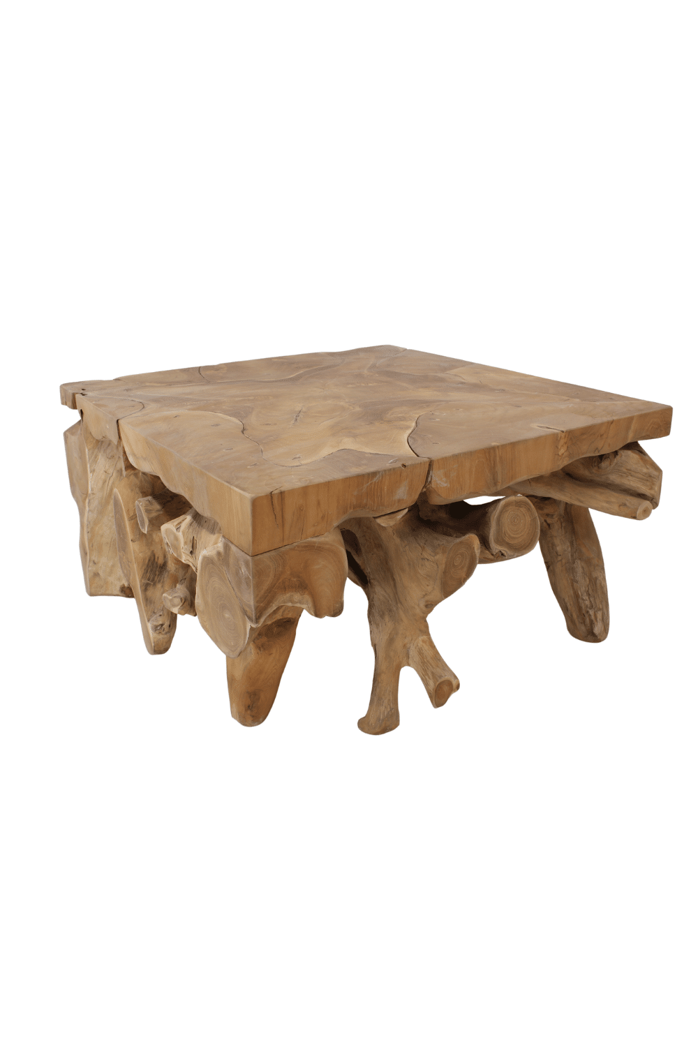 wortel teak houten salontafel vierkant maar toch organische vorm