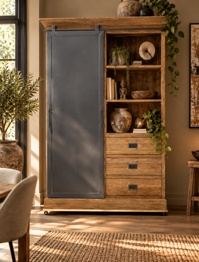 teak houten vitrine kast met metalen schuifdeur