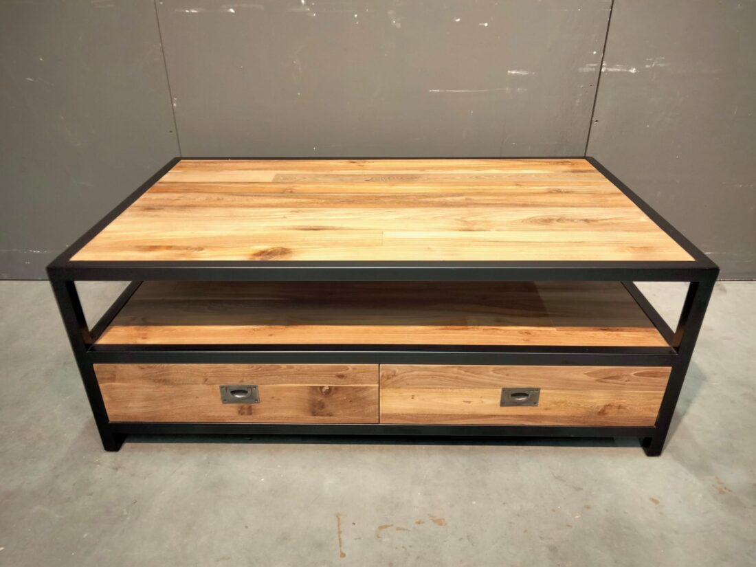teakhouten salontafel 120x70x45 met metaal en lade