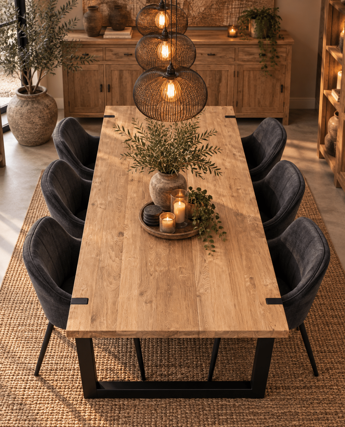 Teak houten eettafel met poten door het blad Teak houten eettafel met poten door het blad