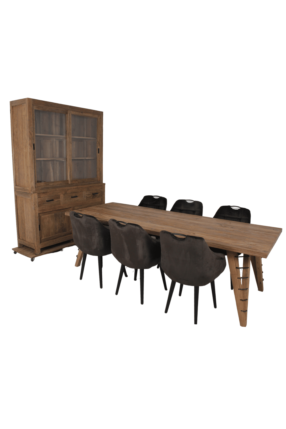 Eetkamertafel vitrine kast en eetkamerstoelen