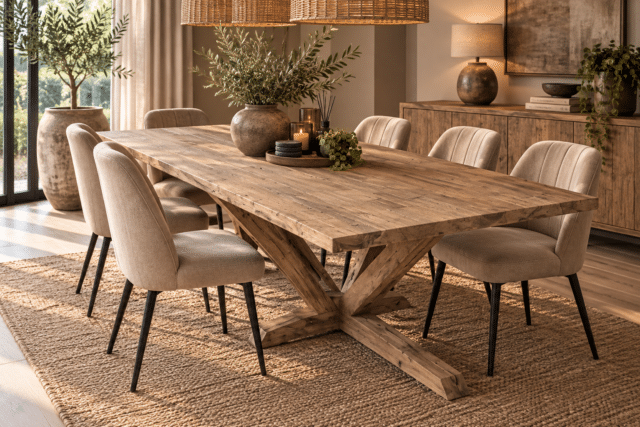Teak houten eettafel 220 cm met houten poot ruw en stoer blad