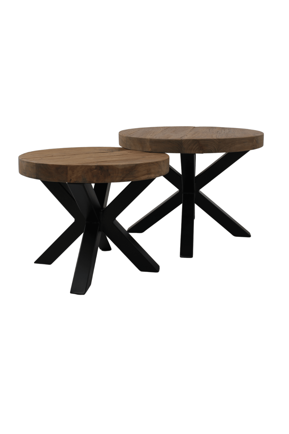 ronde salontafel set teak hout en metaal D60 en D50 cm