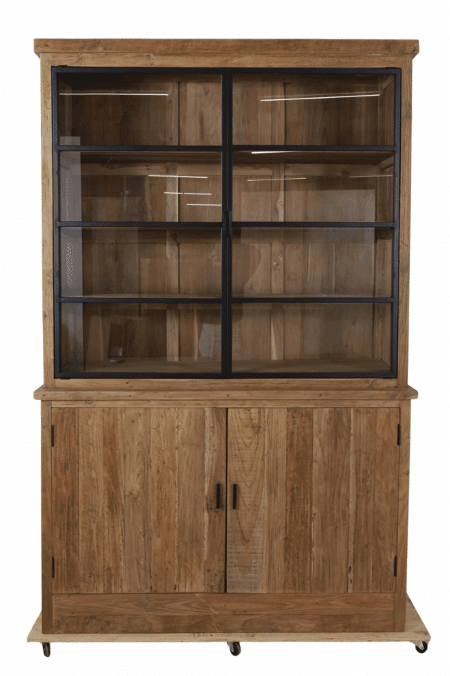 teak houten vitrinekast opbergkast landelijk met metalen deuren rural 140x53x219 cm
