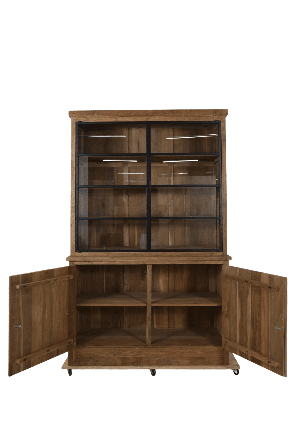 teak houten vitrinekast opbergkast landelijk met metalen deuren rural 140x53x219 cm