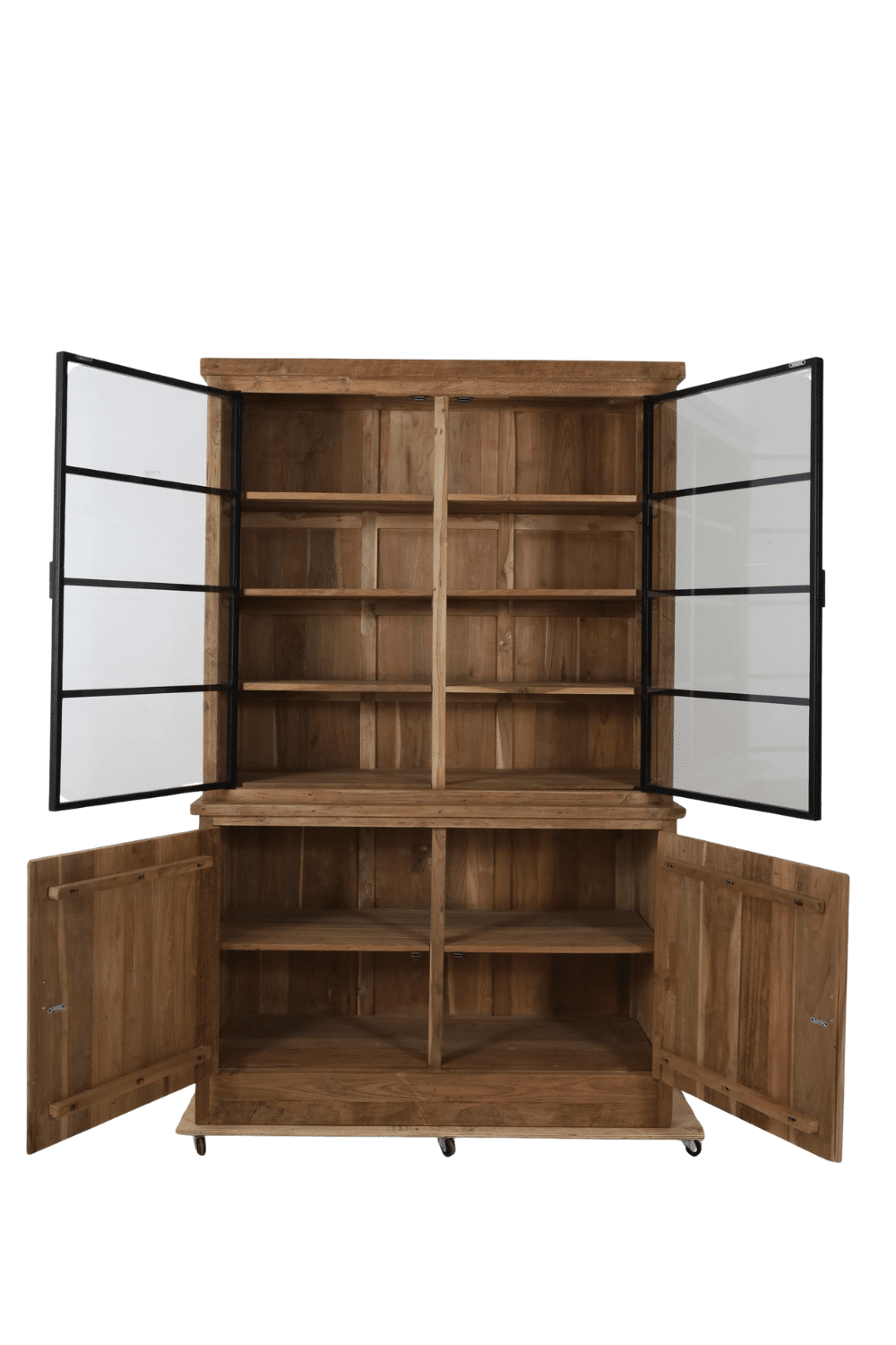 teak houten vitrinekast opbergkast landelijk met metalen deuren rural 140x53x219 cm