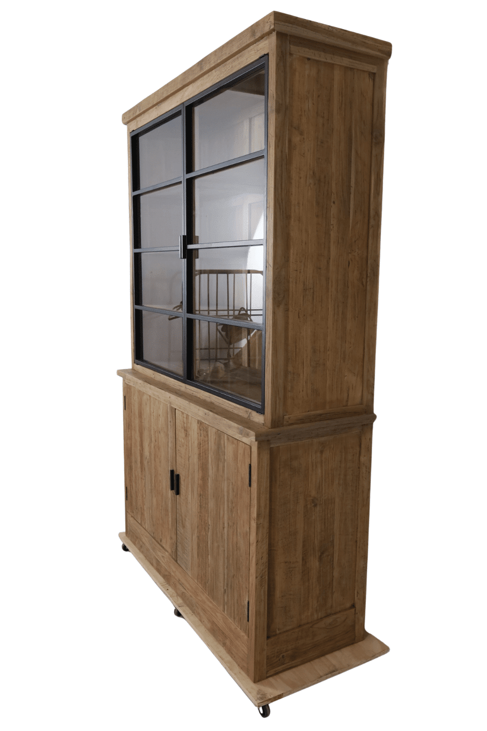 teak houten vitrinekast opbergkast landelijk met metalen deuren rural 140x53x219 cm