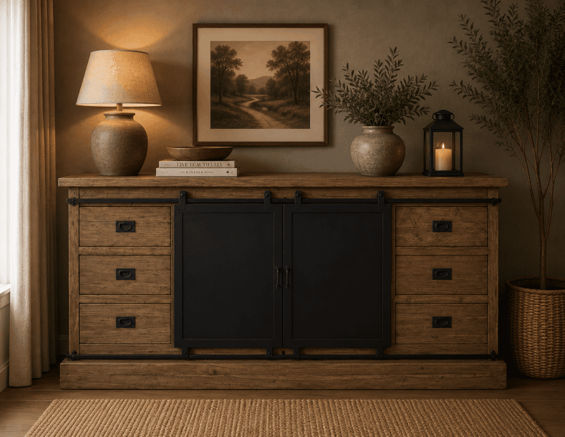 Teak met metalen schuifdeuren dressoir rural Teak met metalen schuifdeuren dressoir rural