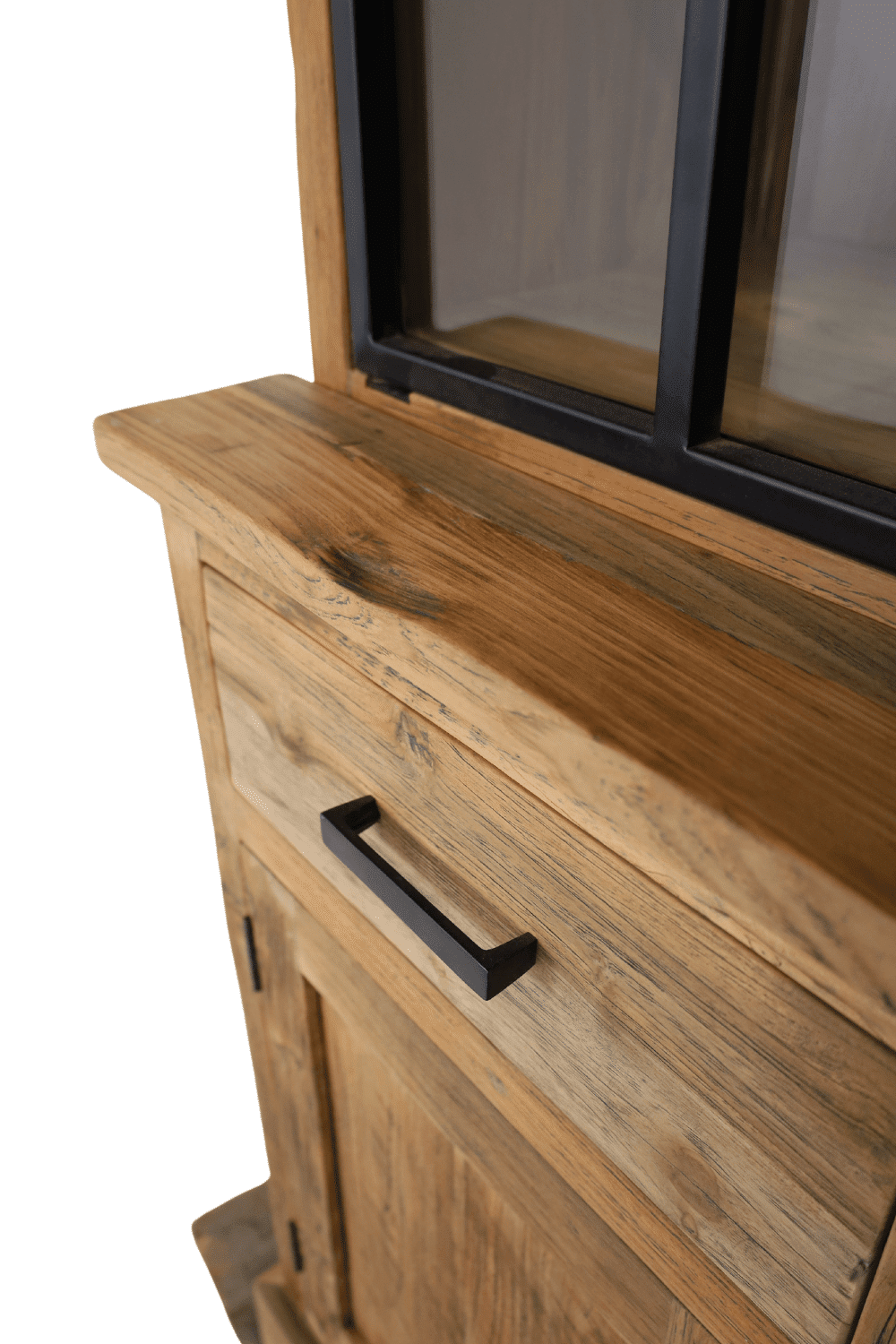 landelijke vitrinekast teak hout met metalen deuren 150 cm