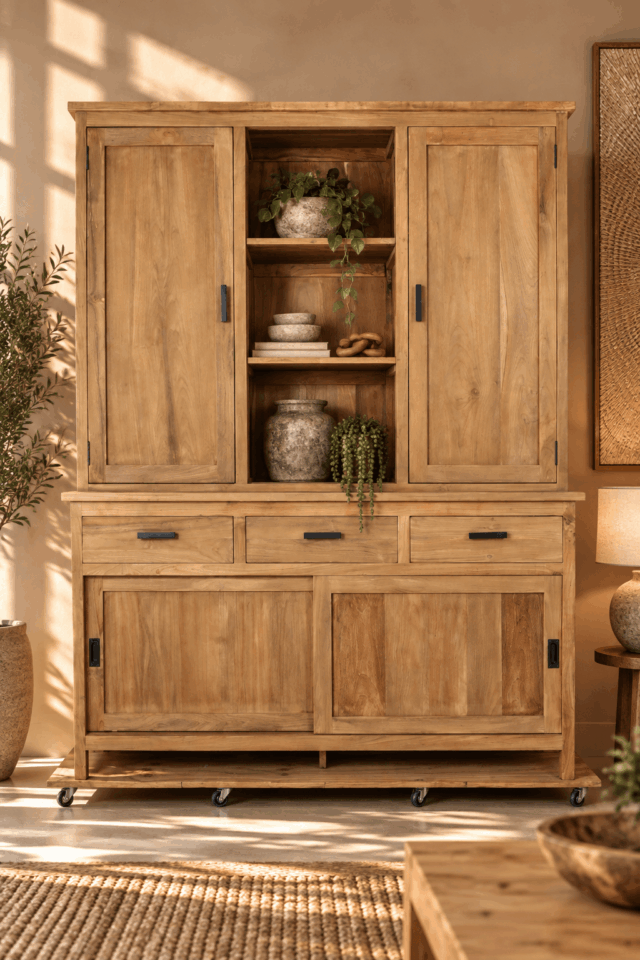 teak houten vitrine kast opbergkast 165x53x218 cm smoothZonnige houten kast met planten