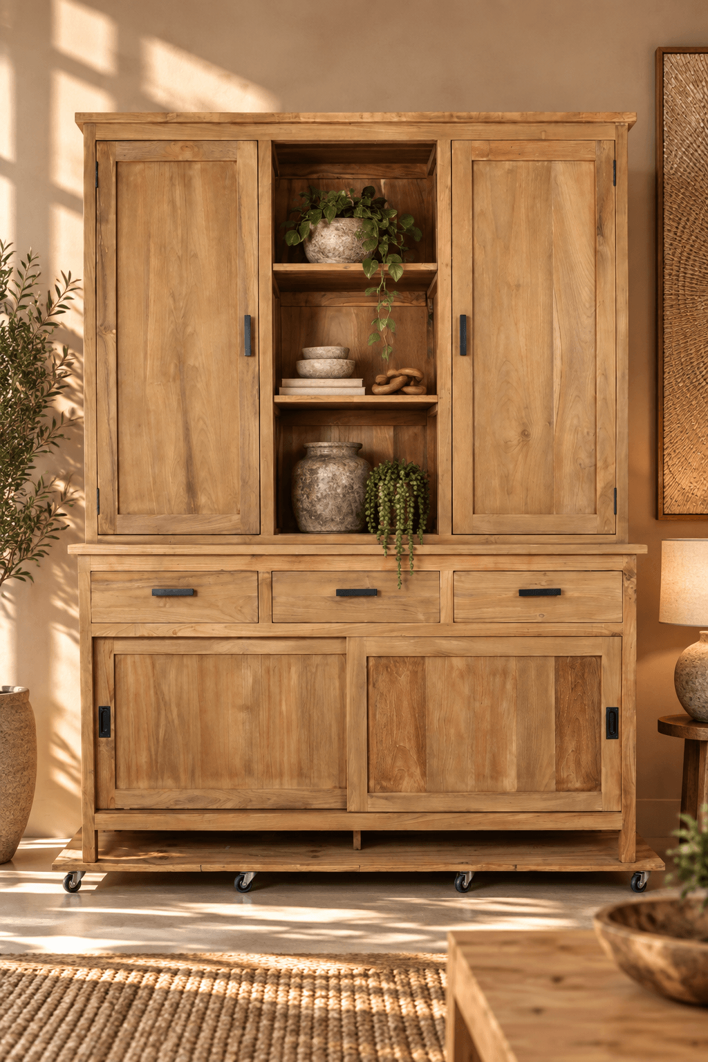 teak houten vitrine kast opbergkast 165x53x218 cm smoothZonnige houten kast met planten teak houten vitrine kast opbergkast 165x53x218 cm smoothZonnige houten kast met planten