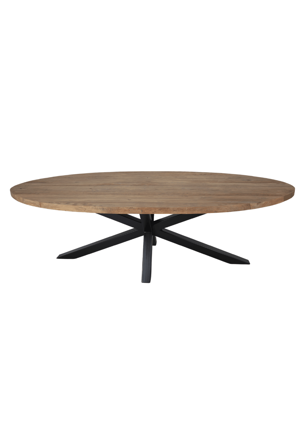 teak ovale eettafel met zwart metalen spinpoot