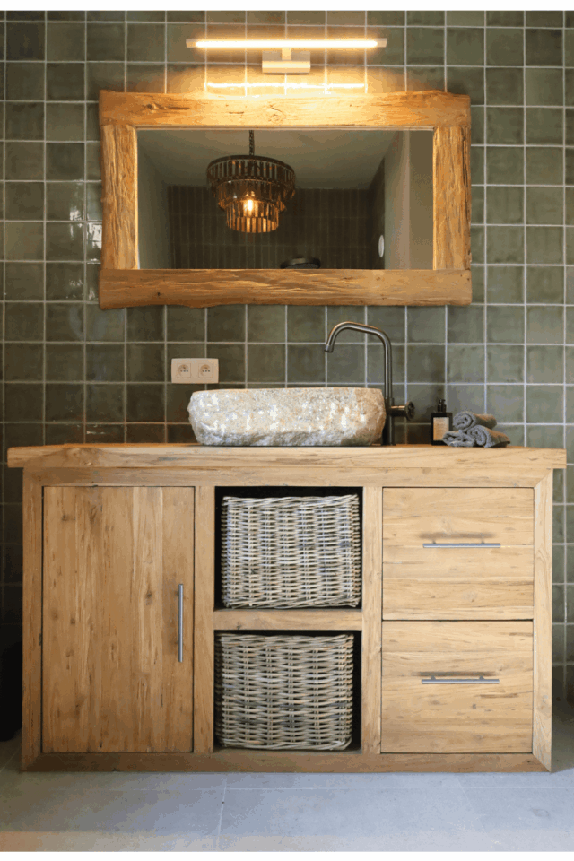 teak houten landelijk badkamermeubel massief 145 cm met mandjes