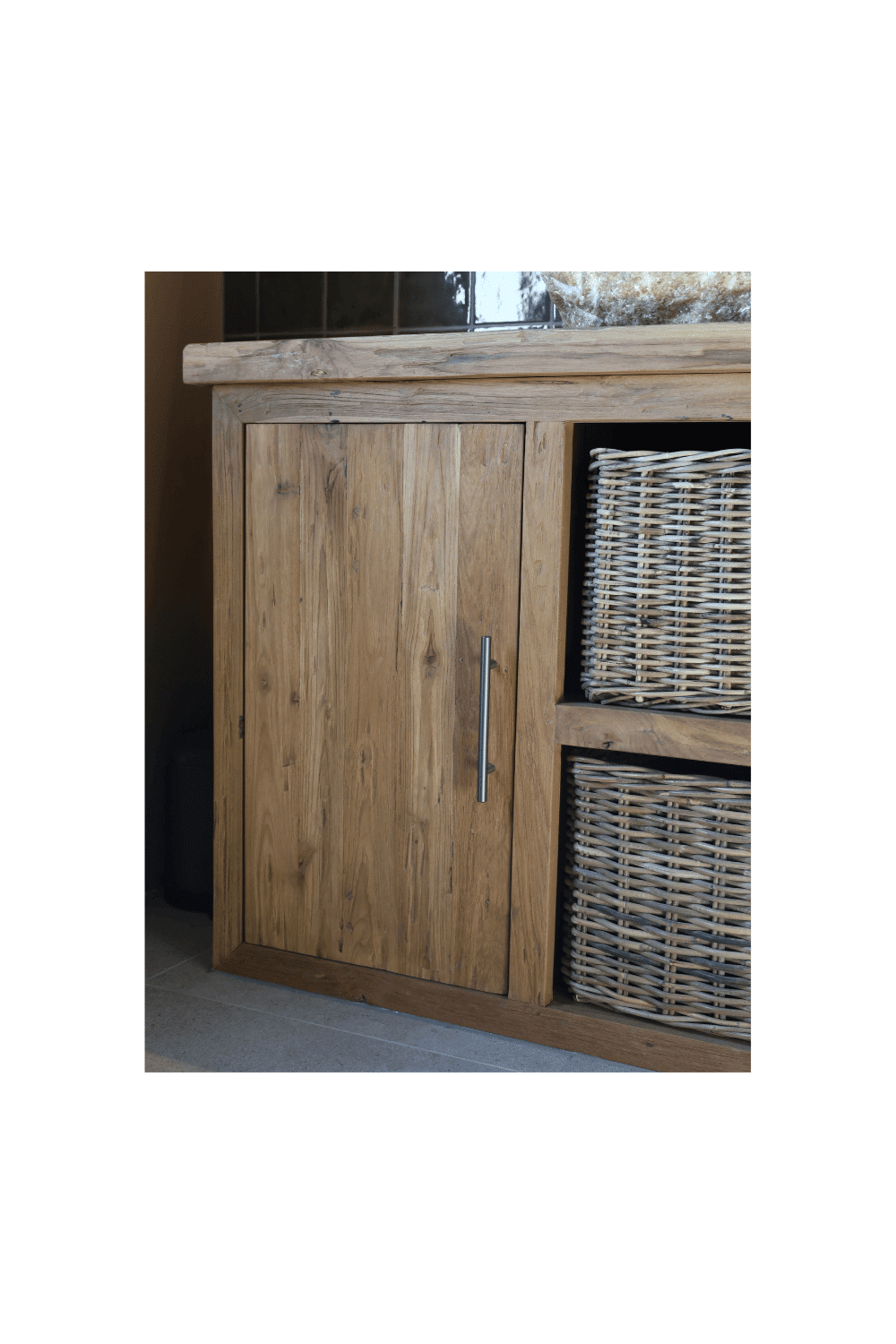 teak houten landelijk badkamermeubel massief 145 cm met mandjes