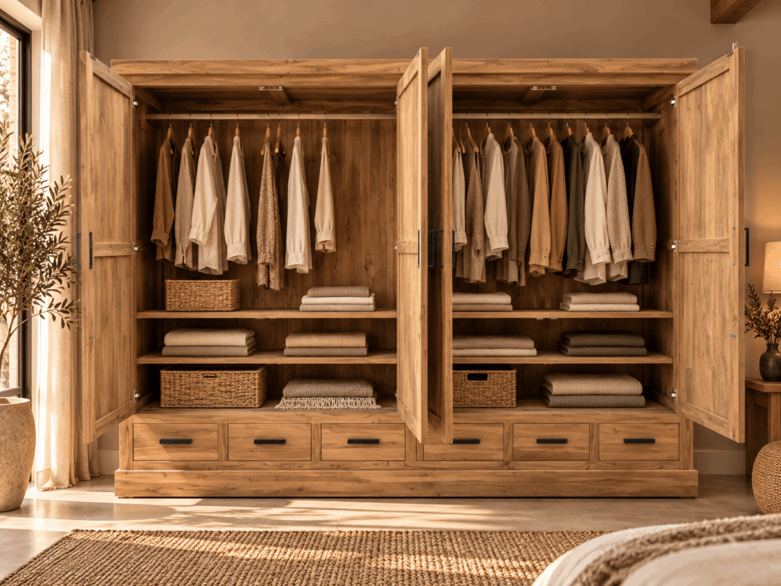 Warme houten kledingkast in natuurlijk interieur teak houten kledingkast garderobe kast heel groot 280 cm Warme houten kledingkast in natuurlijk interieur teak houten kledingkast garderobe kast heel groot 280 cm