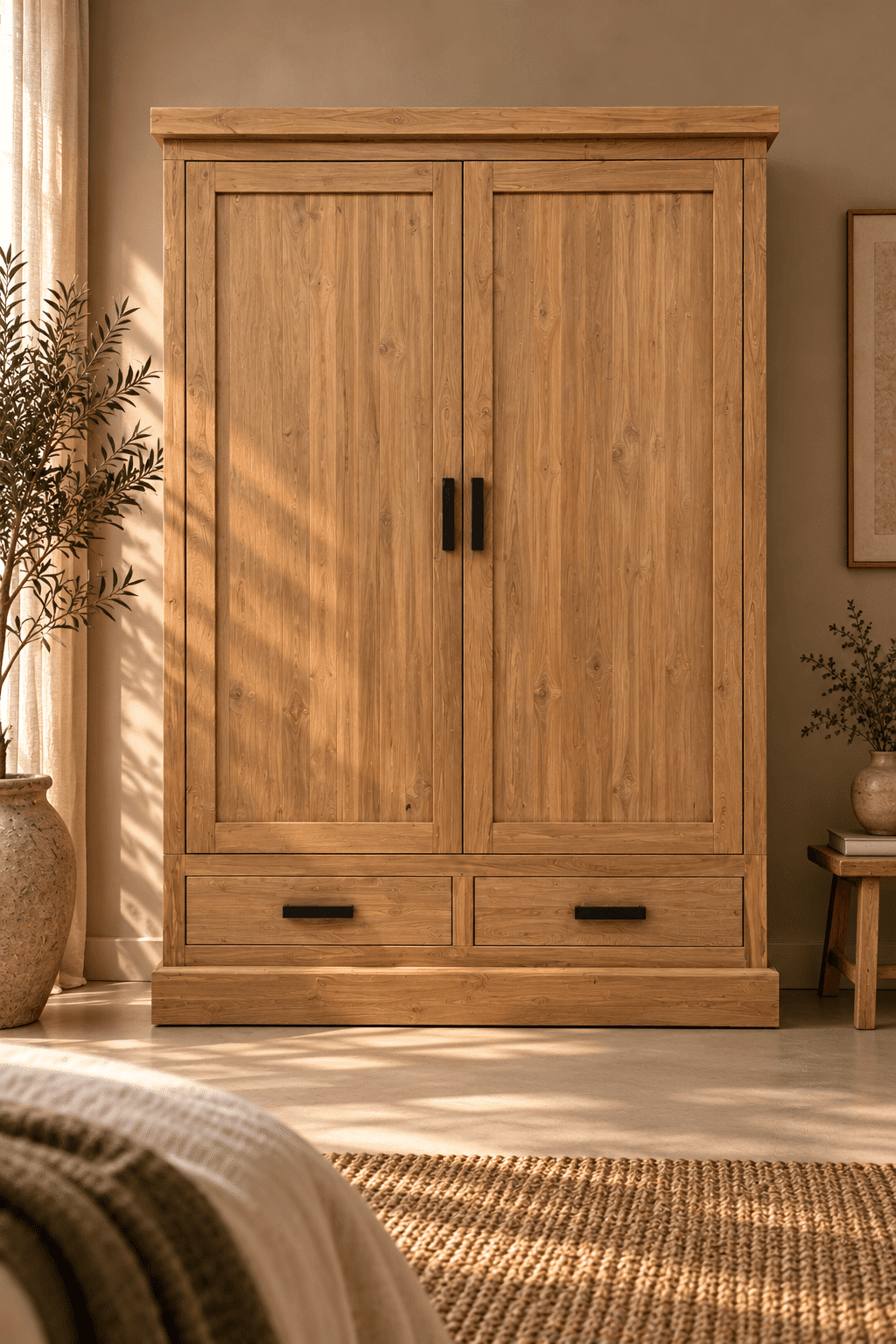 Warme houten kledingkast in natuurlijk interieur teak houten kledingkast, 140 cm Warme houten kledingkast in natuurlijk interieur teak houten kledingkast, 140 cm