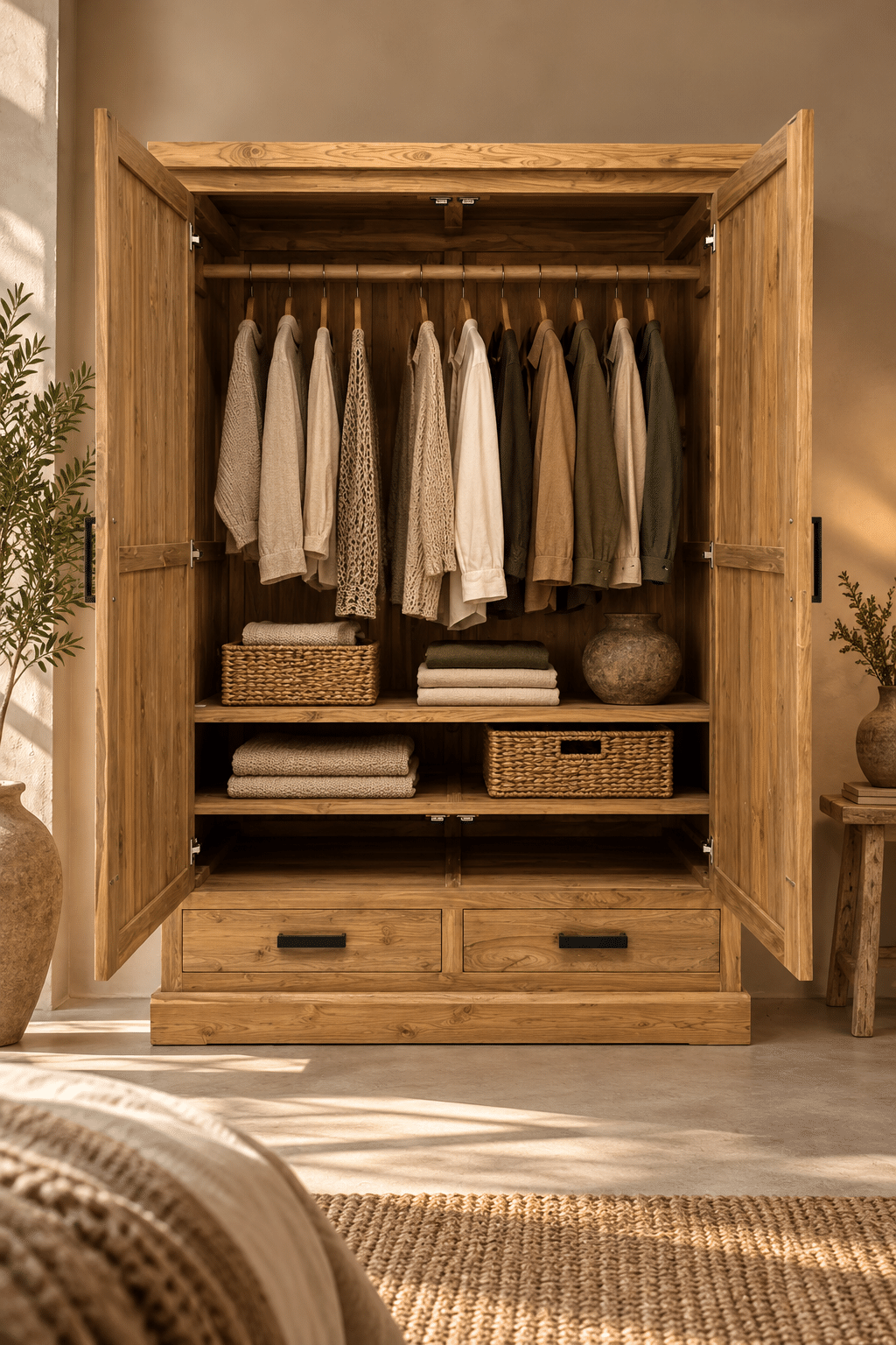 Warme houten kledingkast in natuurlijk interieur teak houten kledingkast, 140 cm Warme houten kledingkast in natuurlijk interieur teak houten kledingkast, 140 cm