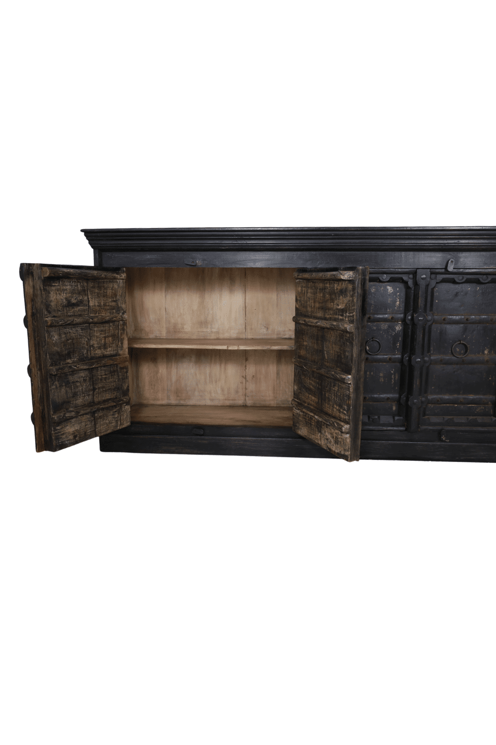 Indiase dressoir zwart oud met oude deuren 196x44x89 cm