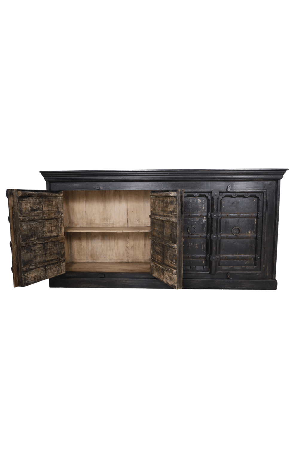 Indiase dressoir zwart oud met oude deuren 196x44x89 cm