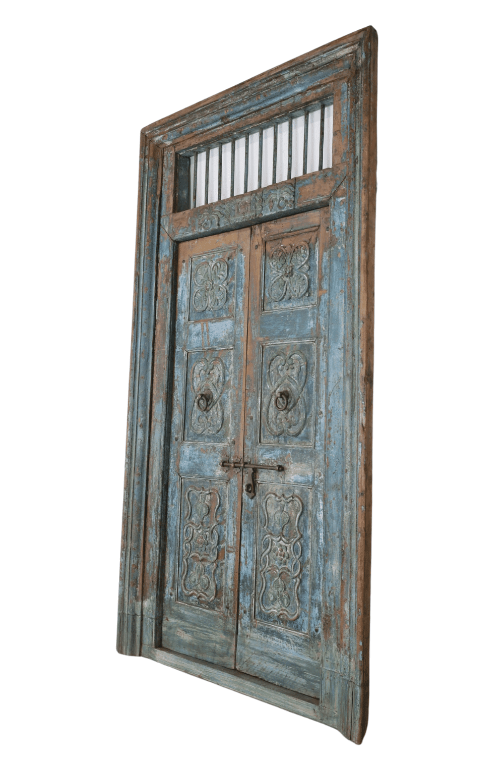 Oud houten kozijn met blauwe deur 145x15x270 cm