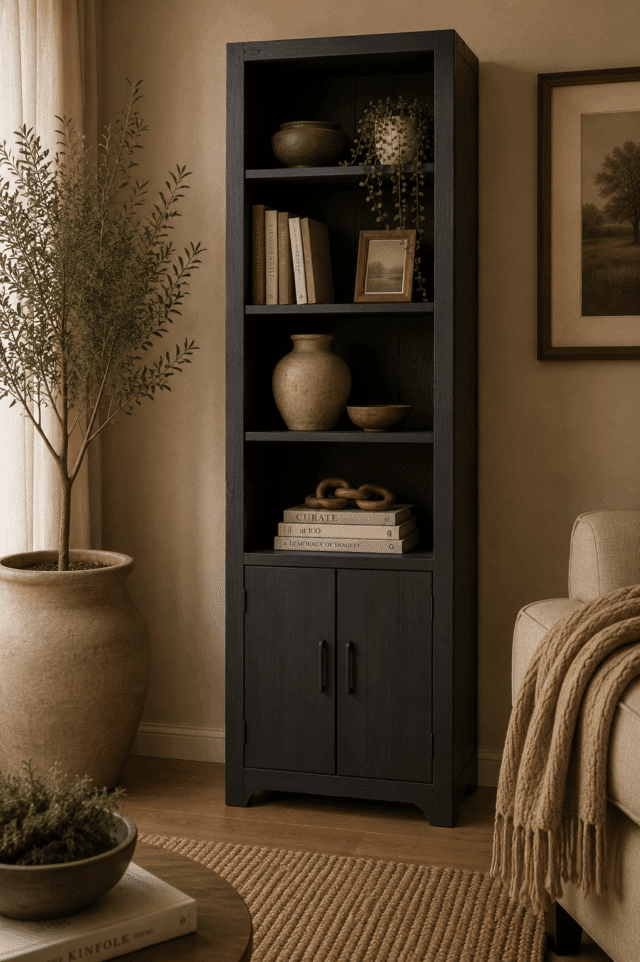 Zwarte houten open opbergkast boekenkast-70x45x220-cm
