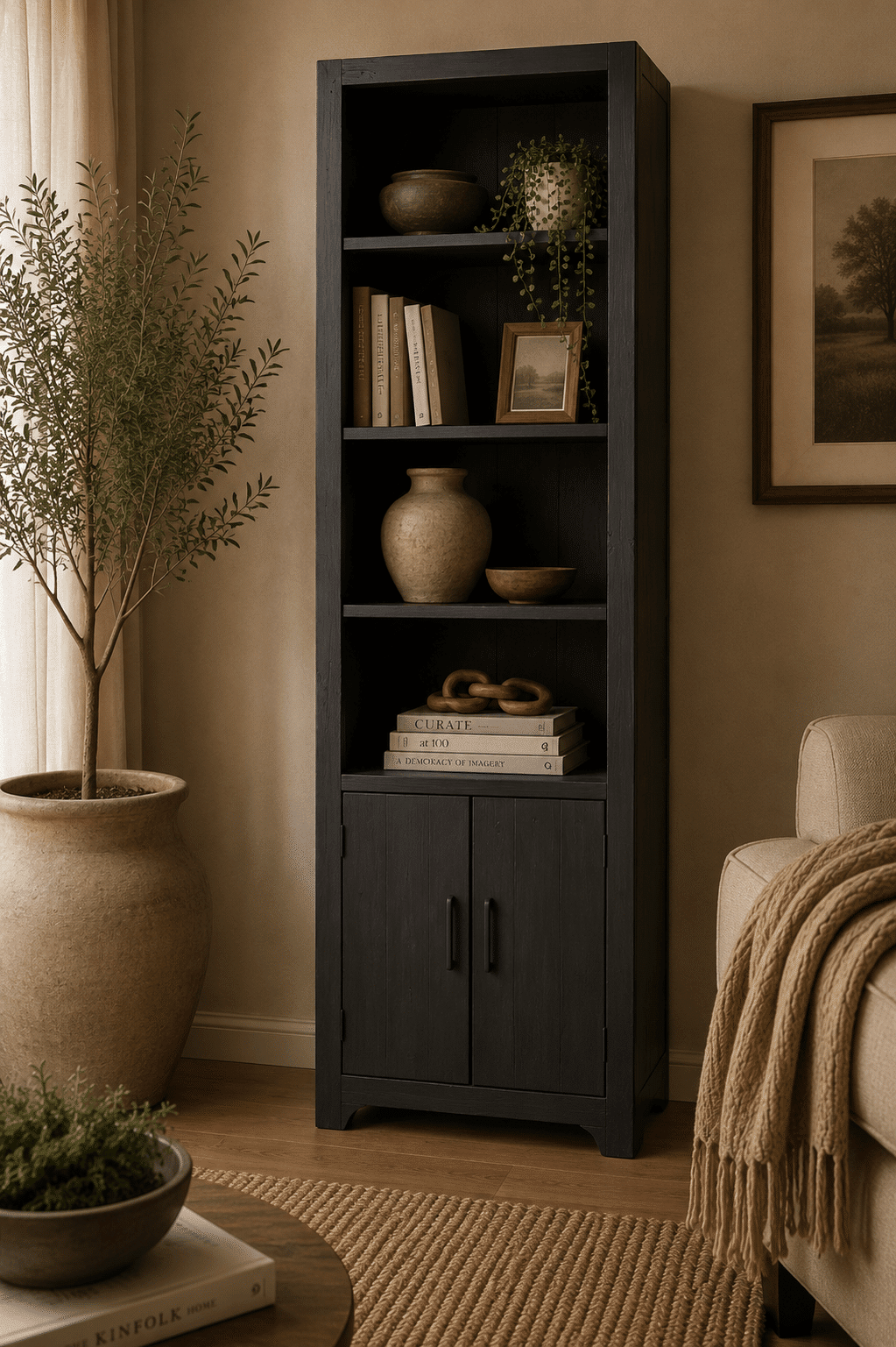 Zwarte houten open opbergkast boekenkast-70x45x220-cm