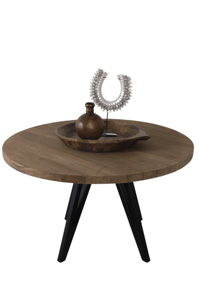 mooie teak houten ronde eettafel 130 cm met metalen poot