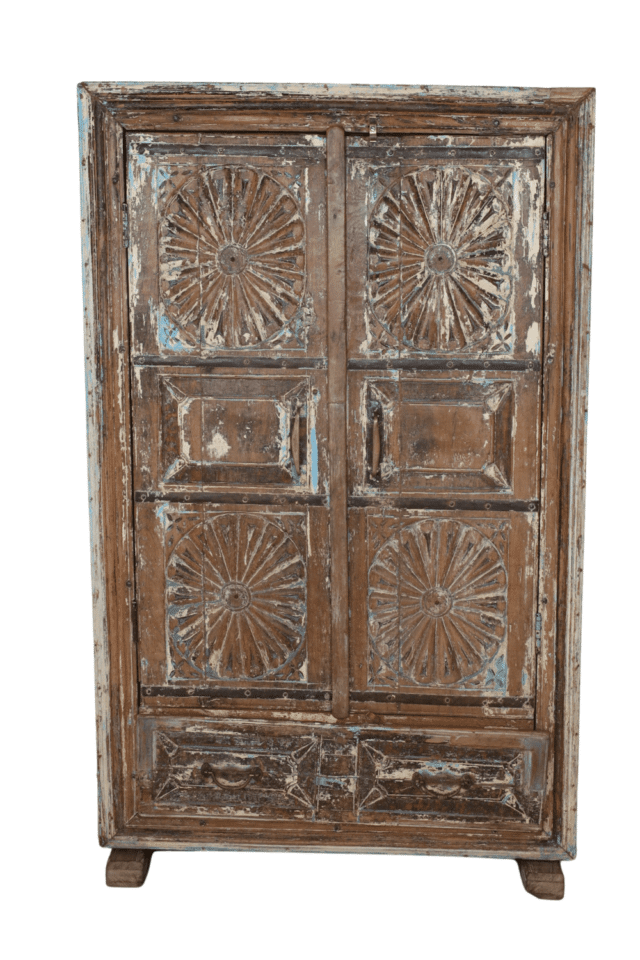 gekleurde verweerde oude Indische Indiase kast 90x40x147 cm