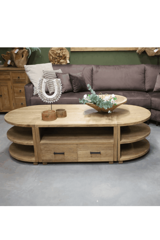 grote teak houten salontafel ovaal