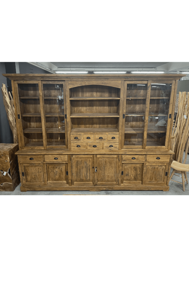 Grote vitrinekast teak hout 320 cm landelijk