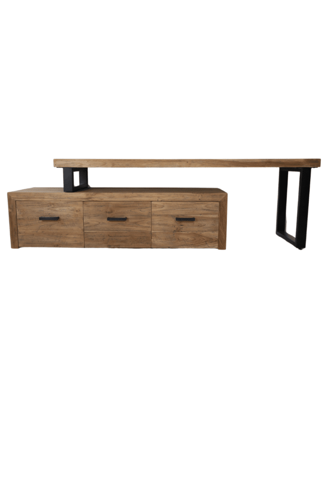 teak houten tv meubel lade blok met plak is uitschuifbaar industrieel
