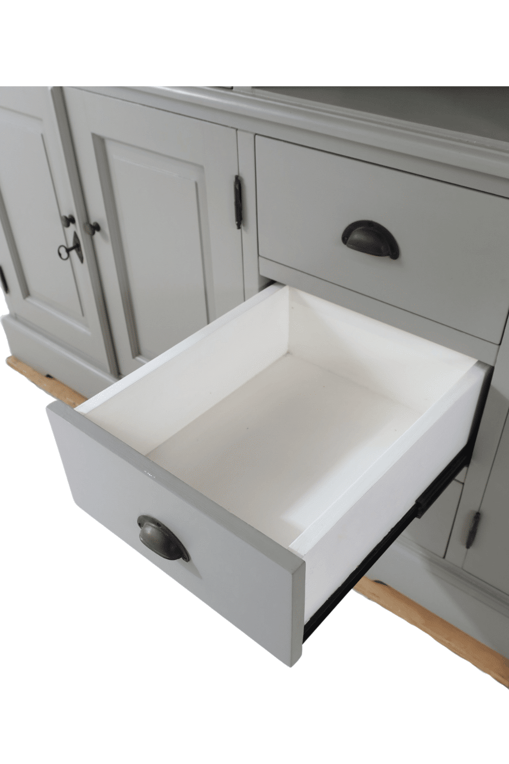 Grijze grutterskast buffetkast vitrine kast met bolkappen 210x52x210 cm