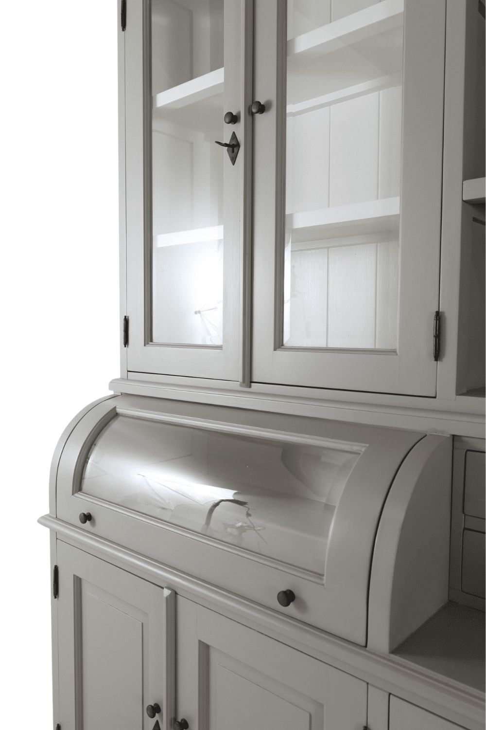 Grijze grutterskast buffetkast vitrine kast met bolkappen 210x52x210 cm