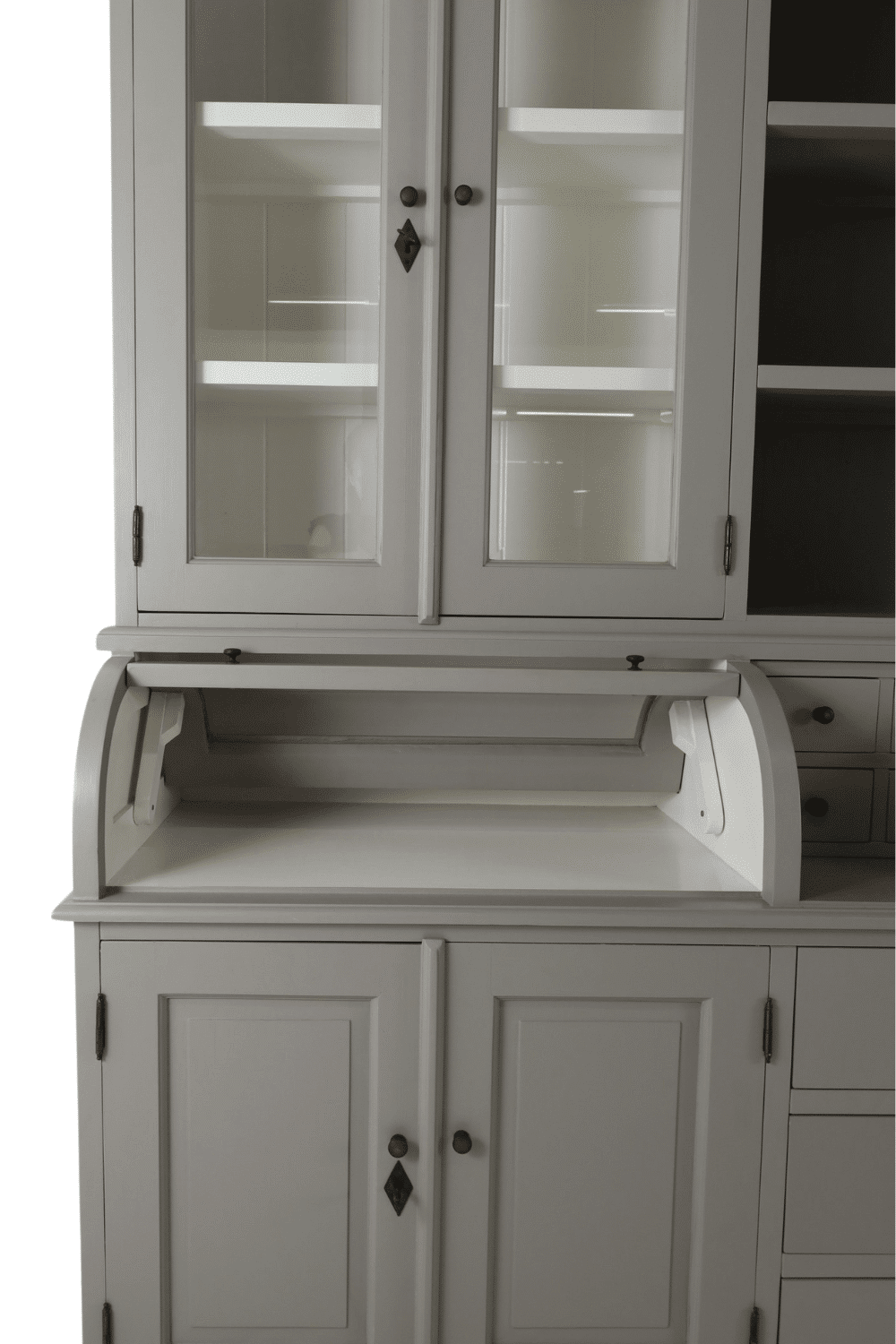 Grijze grutterskast buffetkast vitrine kast met bolkappen 210x52x210 cm