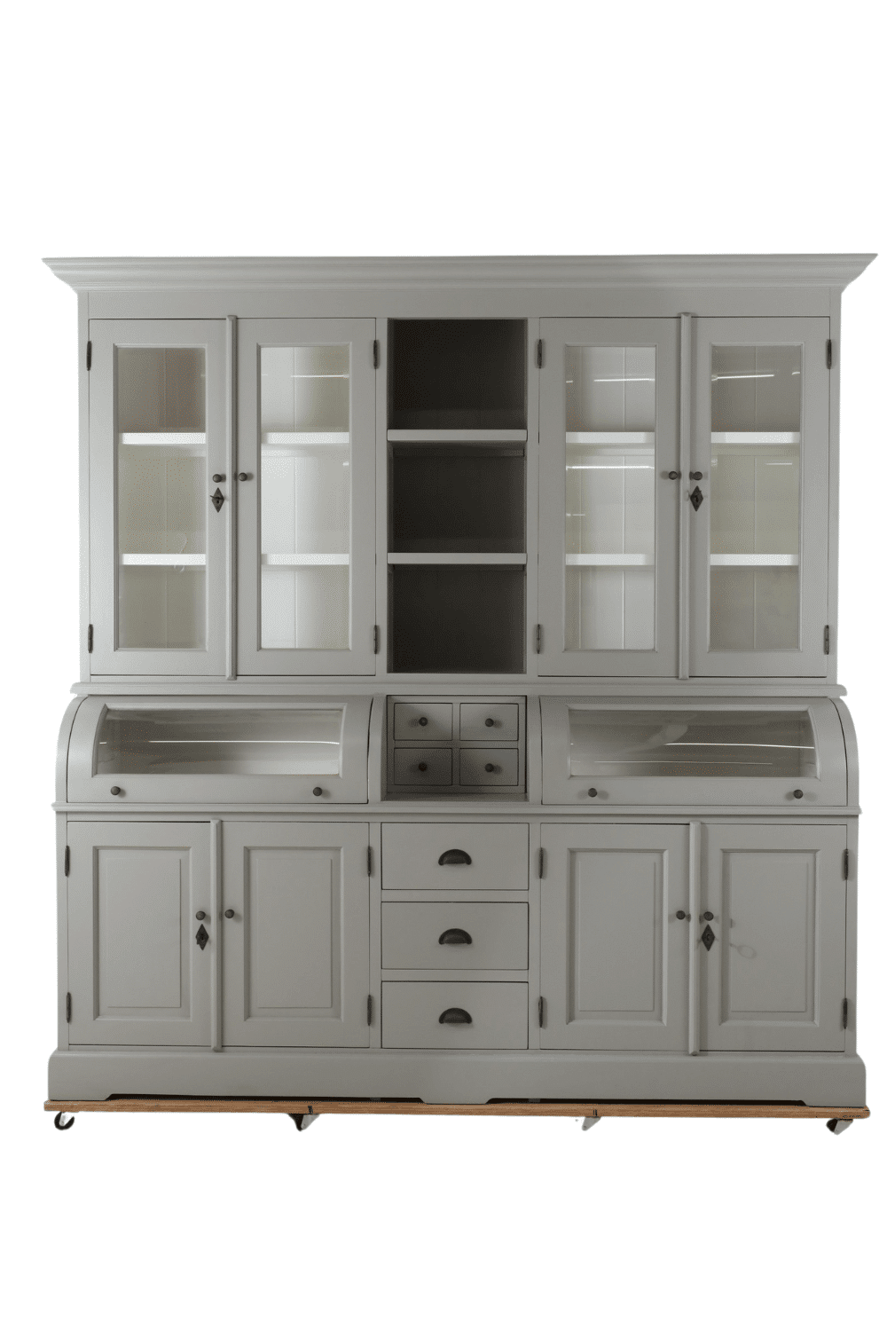 Grijze grutterskast buffetkast vitrine kast met bolkappen 210x52x210 cm