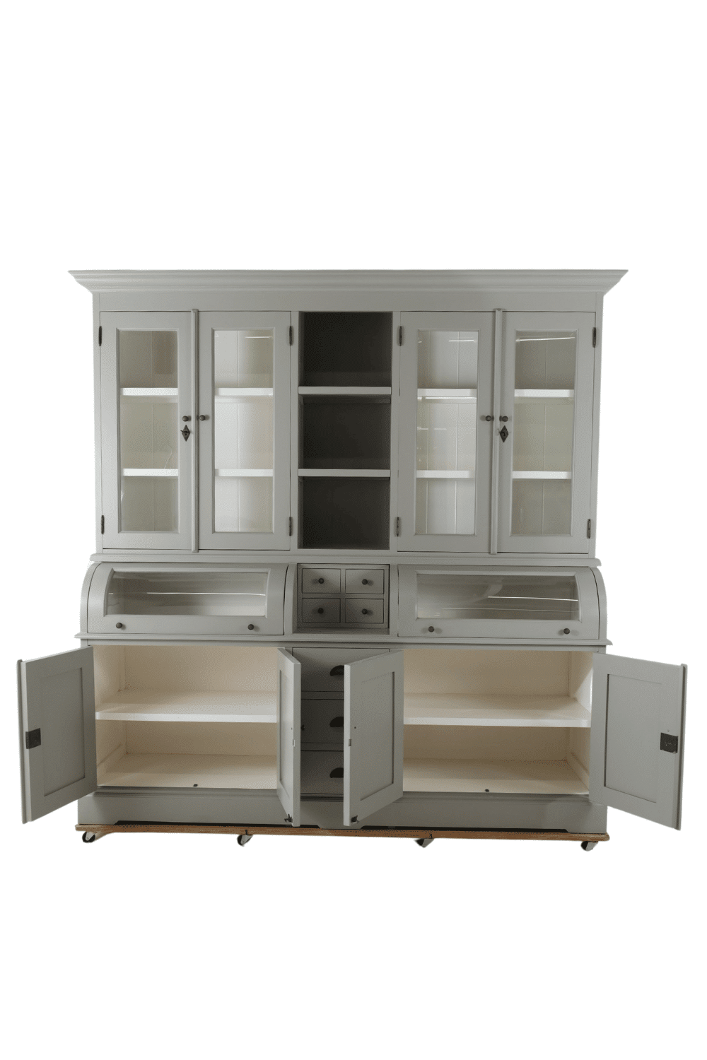 Grijze grutterskast buffetkast vitrine kast met bolkappen 210x52x210 cm