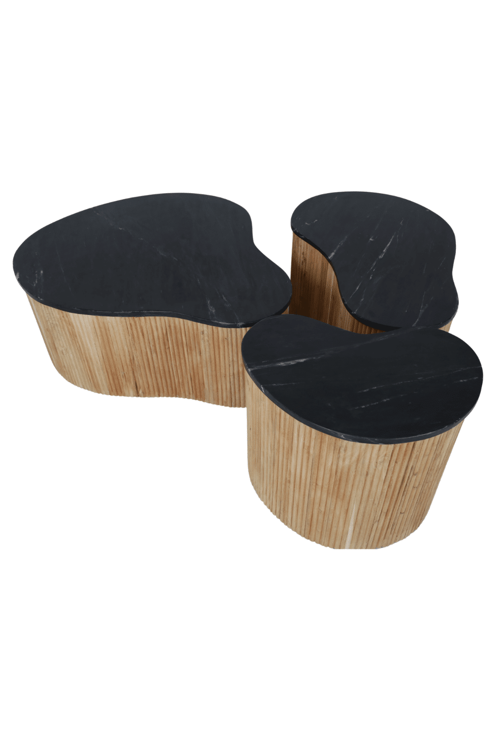 Organische salontafel set hout in combinatie met zwart marmer