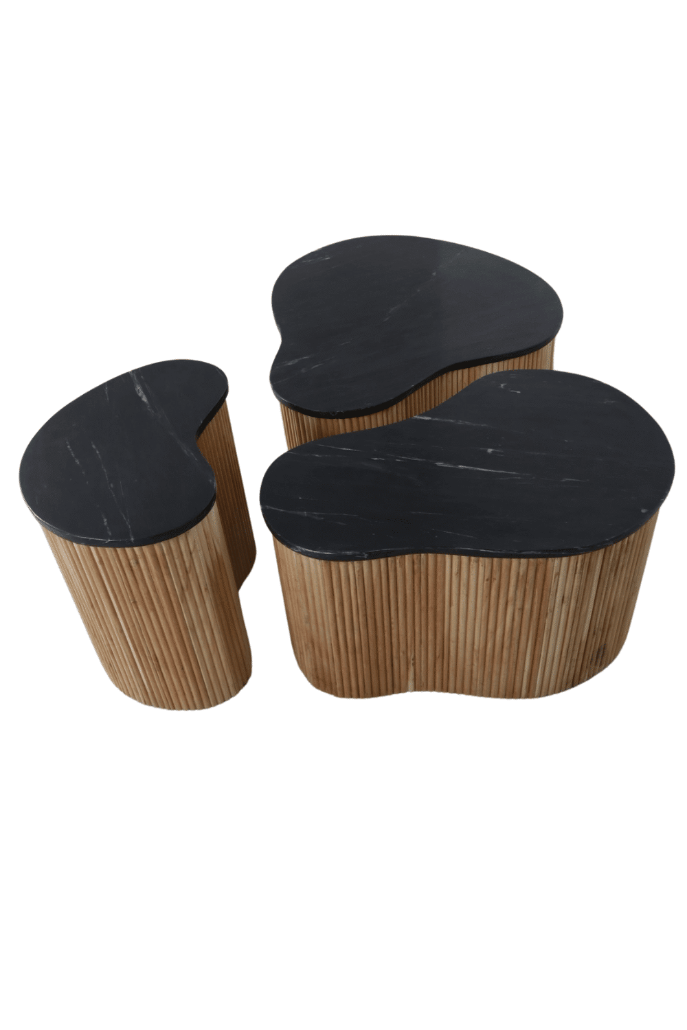 Organische salontafel set hout in combinatie met zwart marmer