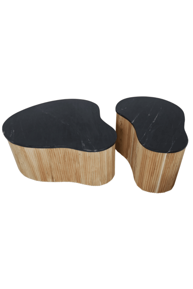 Organische salontafel set hout in combinatie met zwart marmer