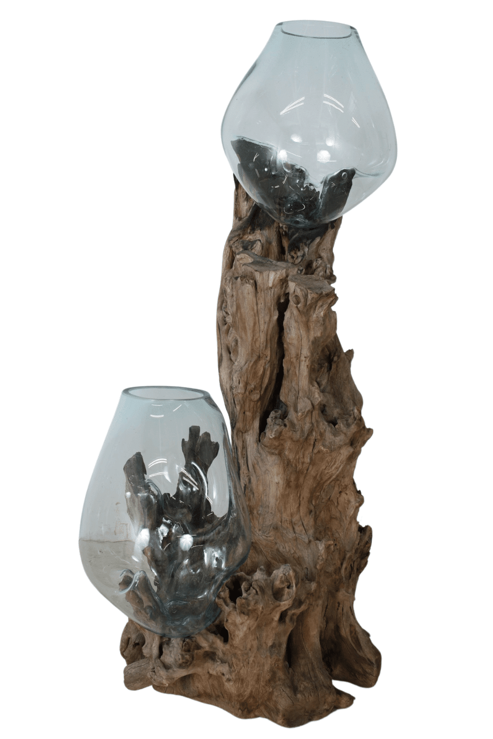 teak houten stronk met 2 glaze bolle vazen 60x60x140 cm