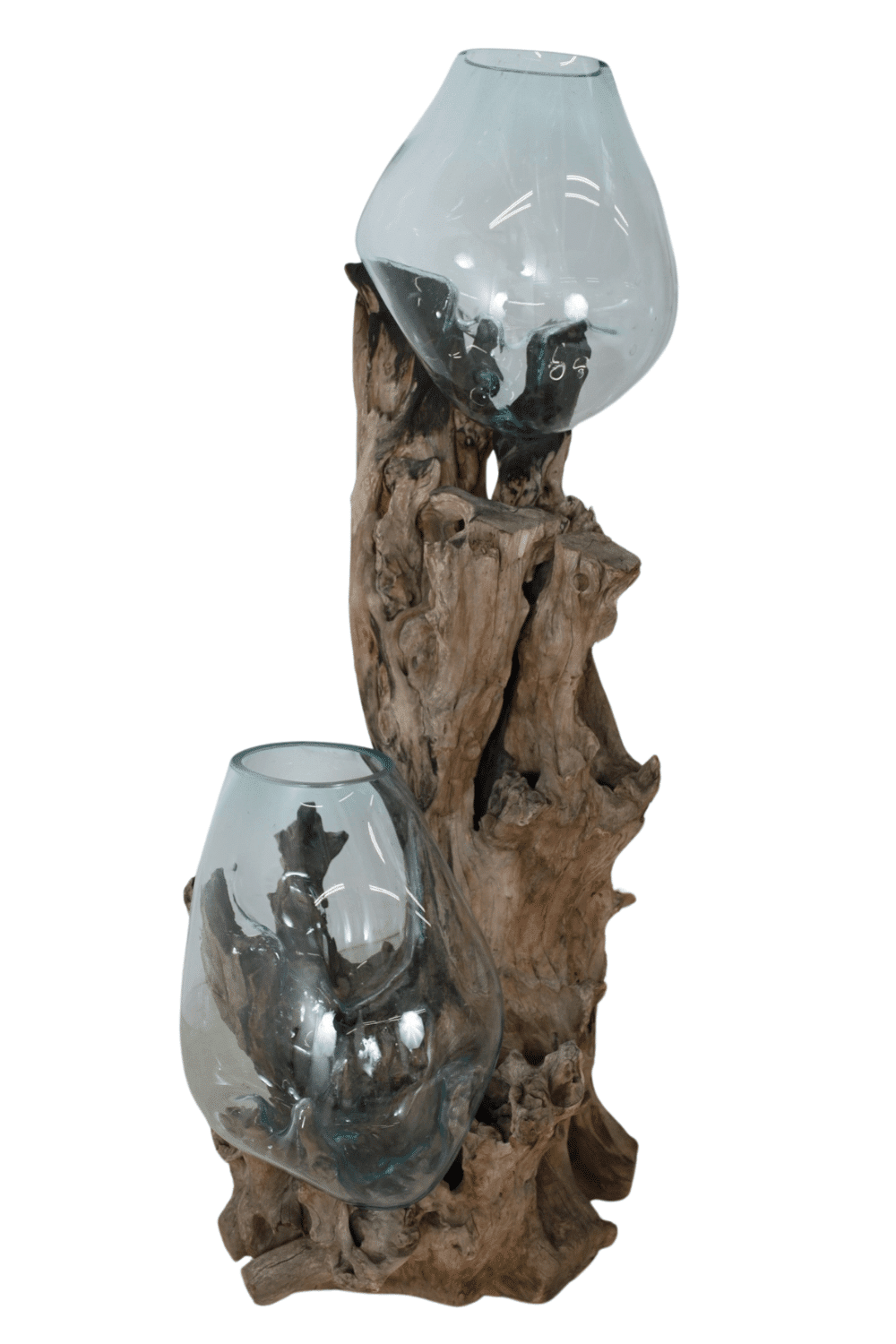 teak houten stronk met 2 glaze bolle vazen 60x60x140 cm