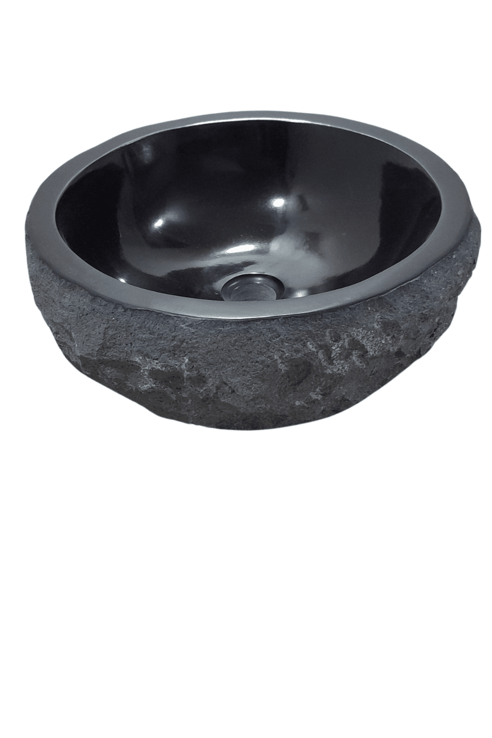 Zwarte ronde Natuurstenen andesiet wasbak 40x40x15 cm met ruwe buitenkant