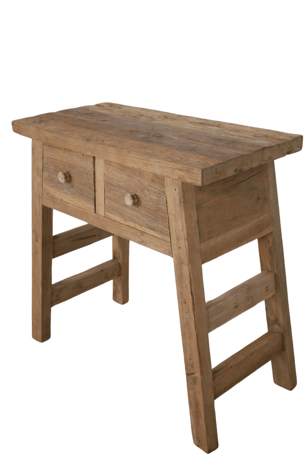Oud teak houten wandtafeltje side table met 2 lades 80 cm