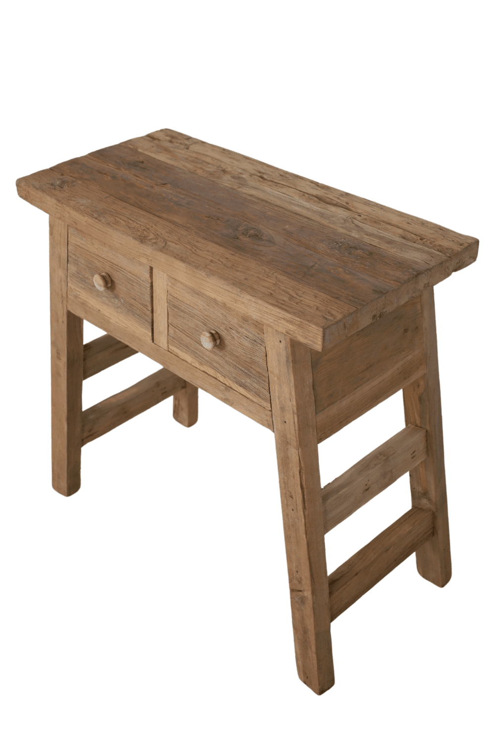 Oud teak houten wandtafeltje side table met 2 lades 80 cm