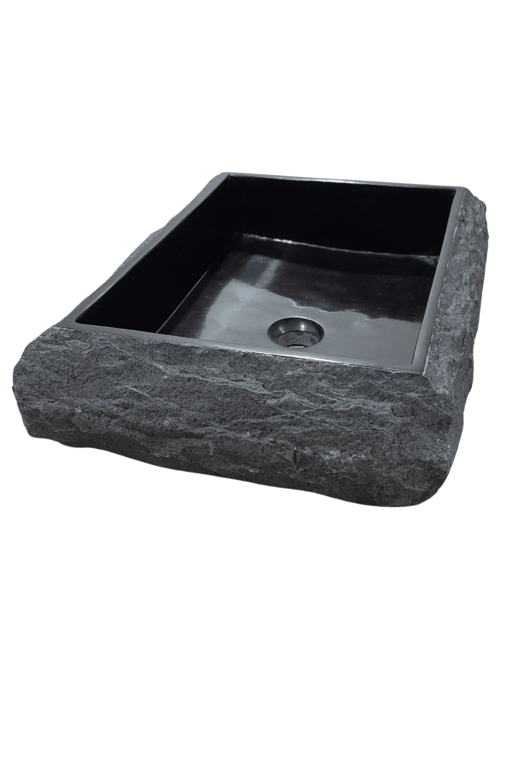 rechthoekige zwarte wasbak natuursteen andesiet met ruwe buitenkant 50x40x13 cm stoere zwarte natuurlijke wasbak